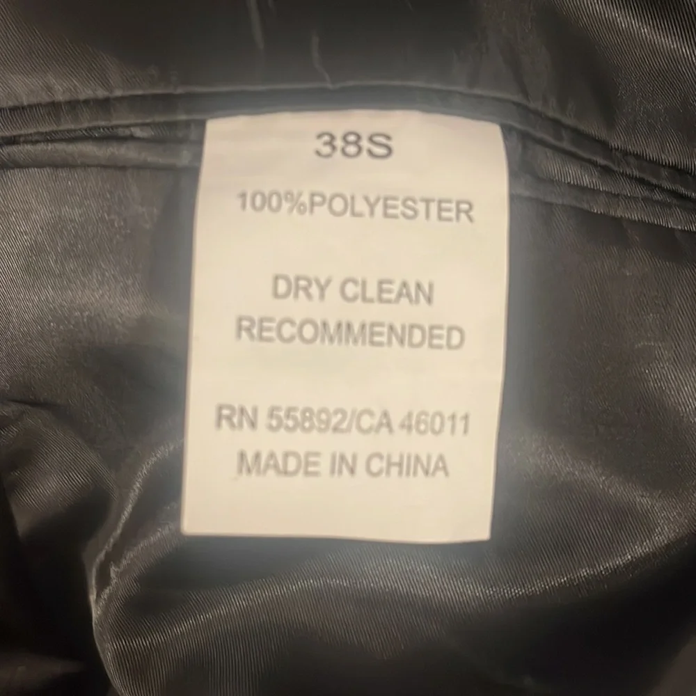 Formal Fashions men’s black tuxedo jacket and pants. Jacket 38S, Pants 34x34